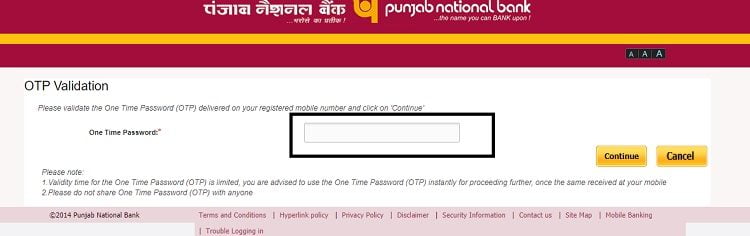 PNB one time password