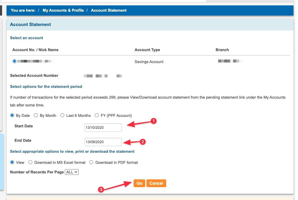 Select date to views SBI statement