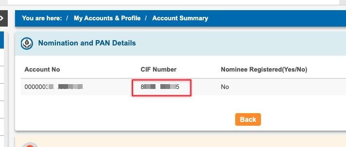 State bank of India CIF Number in Without Passbook