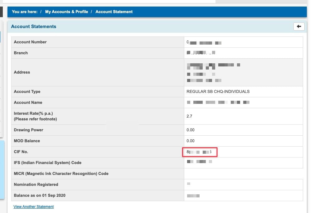 View State Bank of India CIF number in Online SBI 