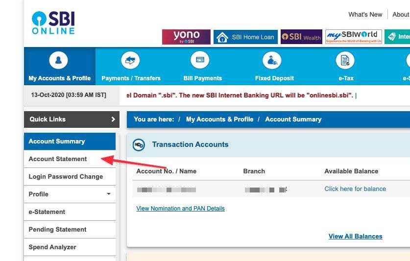 View sbi account statement