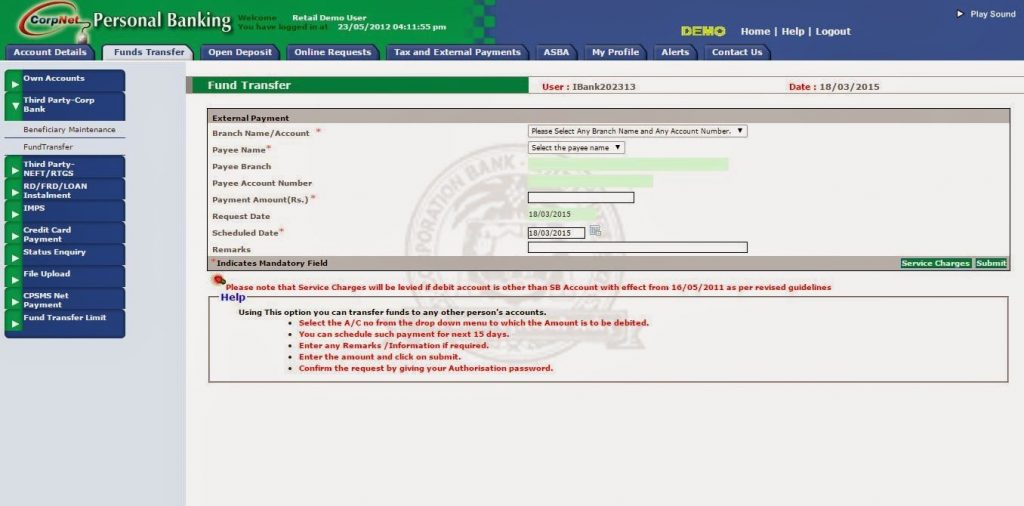 How to transfer money by using Corporation Bank internet banking?