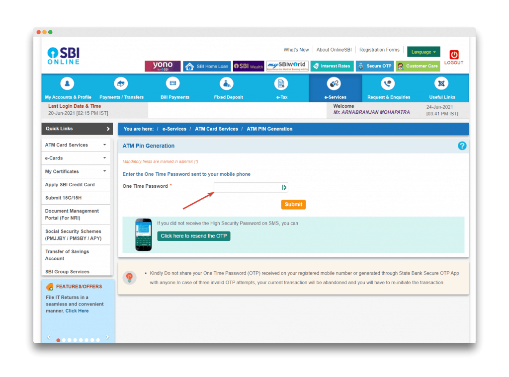 OTP verification screen for SBI ATM Pin reset