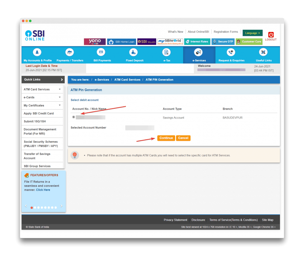 Account selection screen for SBI Debit card pin reset