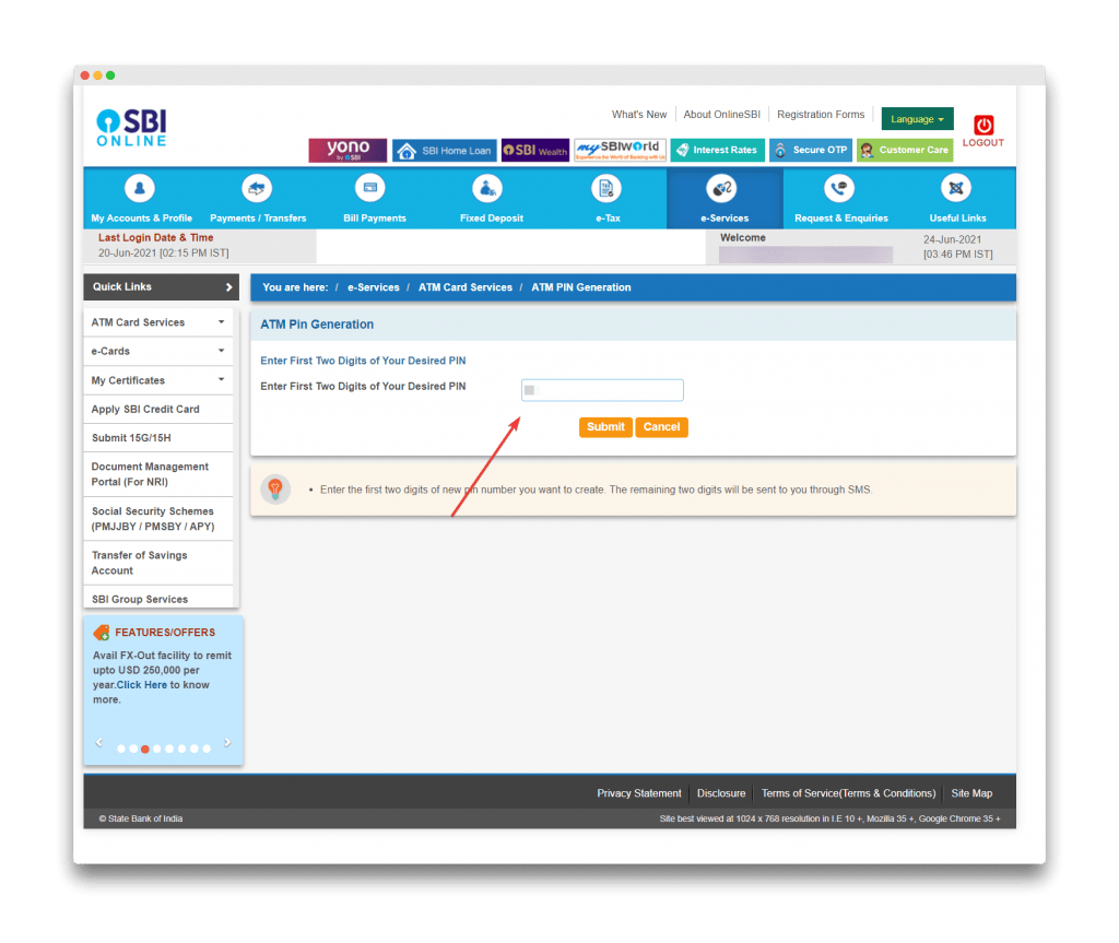 enter first 2 digit to reset SBI Debit card pin
