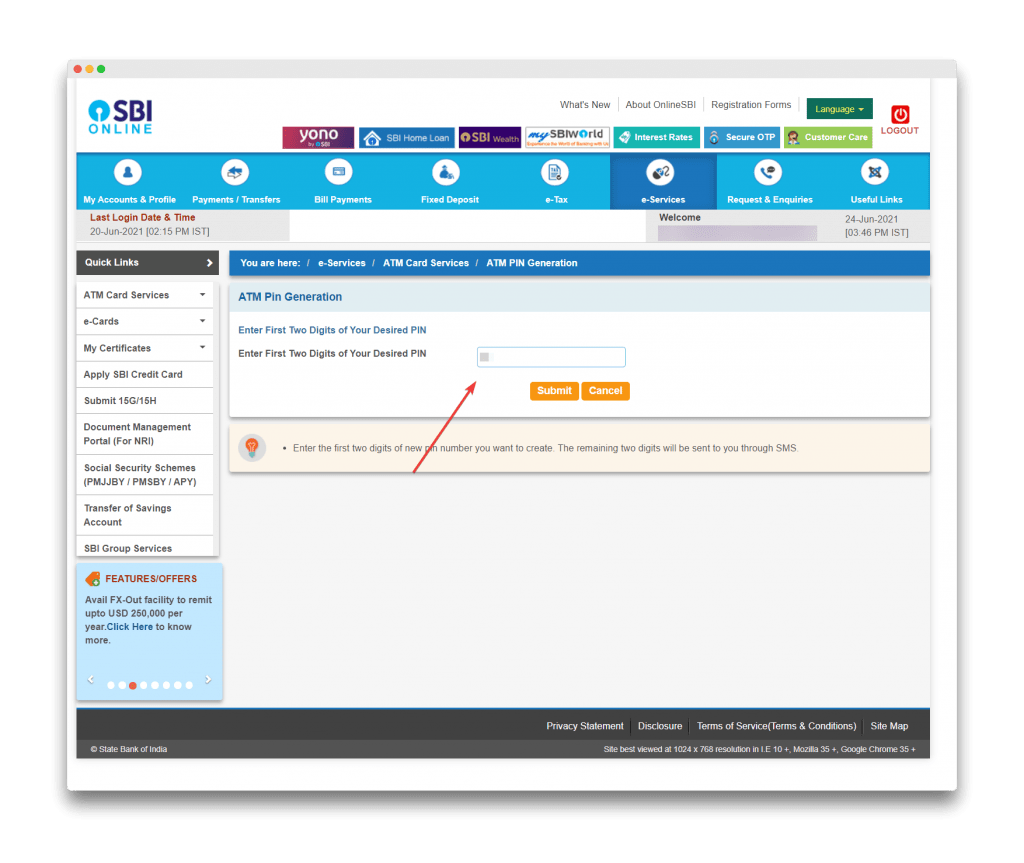 how to change sbi atm pin online