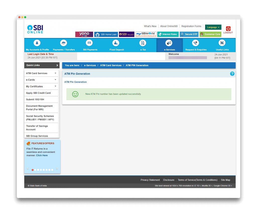 sbi debit card pin change