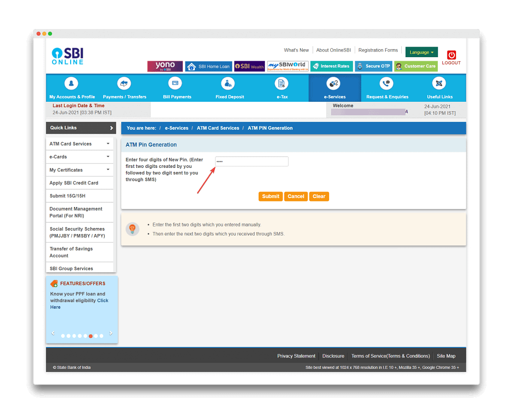 enter 4 digit to reset SBI Debit card pin