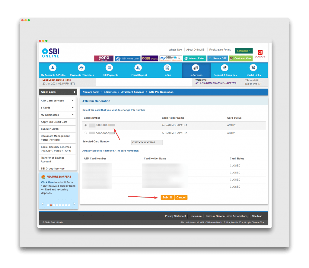 Debit card selection screen for SBI Debit card pin reset
