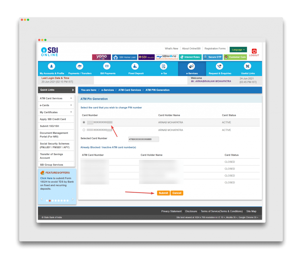 how to reset atm pin sbi