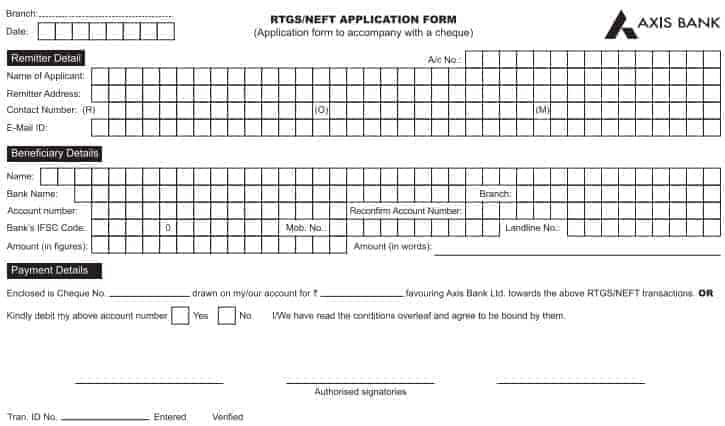 Latest Axis Bank RTGS and NEFT Form PDF Download