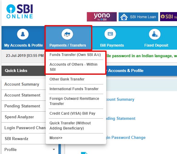 Transfer money using the SBI net banking process