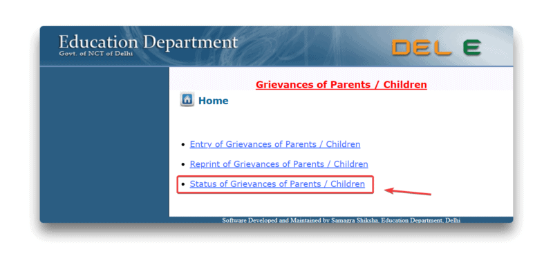kow the status of your Grievances on the Delhi Education Department website