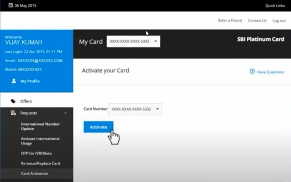 sbi credit card activation
