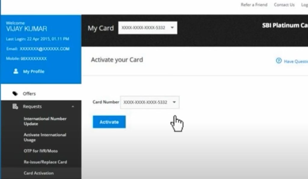 sbi credit card activation sms