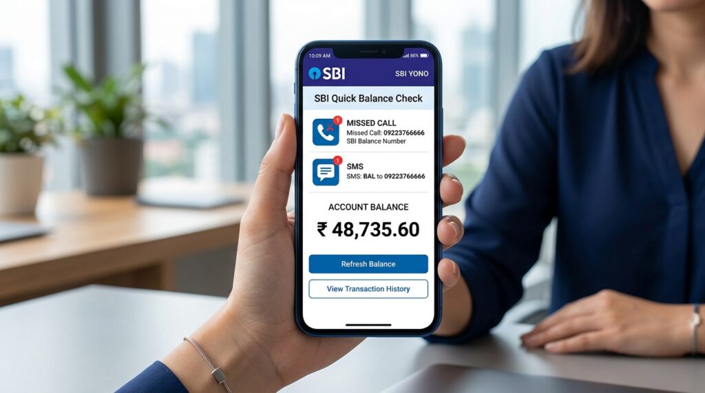 SBI balance check methods showing smartphone with missed call, SMS, and mobile banking options for State Bank of India customers